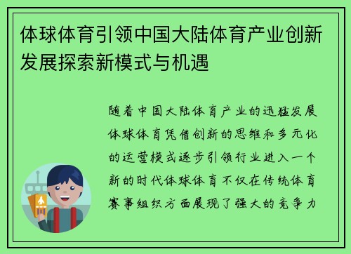 体球体育引领中国大陆体育产业创新发展探索新模式与机遇
